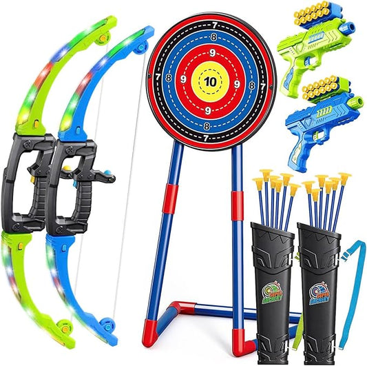 2 Pack Bow and Arrow Toy for 5 6 7 8 9 10+ Year Old Boys,Iddeal Gift for Kids,Indoor Outdoor Shooting Game Toy for Ages 4-8 8-12, LED Light Up Archery Set with 12 Suction Cup Arrows
