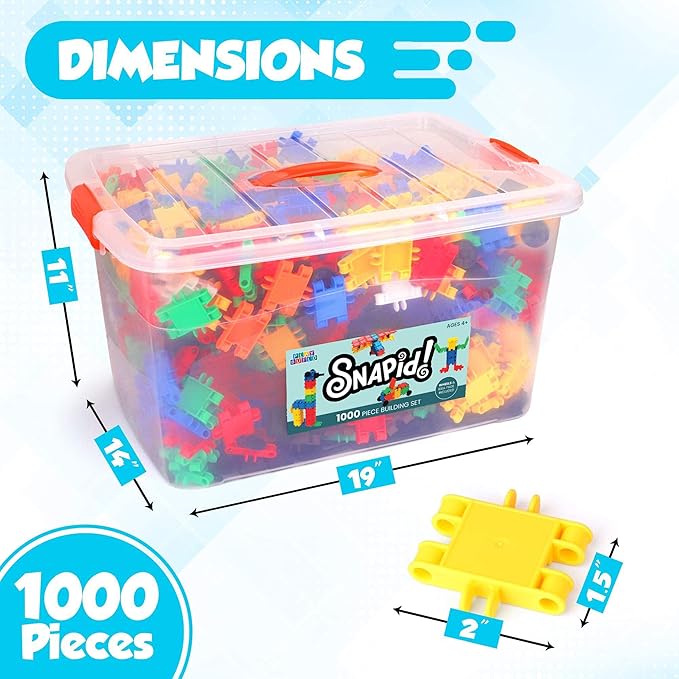 Snapid Building Bricks 1000 Pcs Connecting Toy - Strong Durable Colorful Block Set w Storage, Interlinking Construction Blocks for Kids - STEM Development, Creativity and Educational Children Toys, 4+