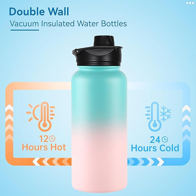 VEGOND 32 oz Insulated Water Bottle Stainless Steel Metal Water Bottles with Leak Proof Straw Lid & Spout Lid, Wide Mouth Double Walled Vacuum Travel Sports Bottle, Green Pink