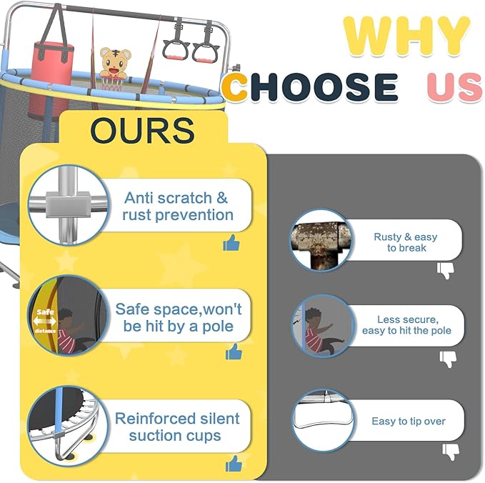 60" Trampoline for Kids, 500lbs Capacit Indoor Outdoor Toddler Trampoline with Adjustable Gymnastics Bar, Gifts for Boy Girl Age 1-8