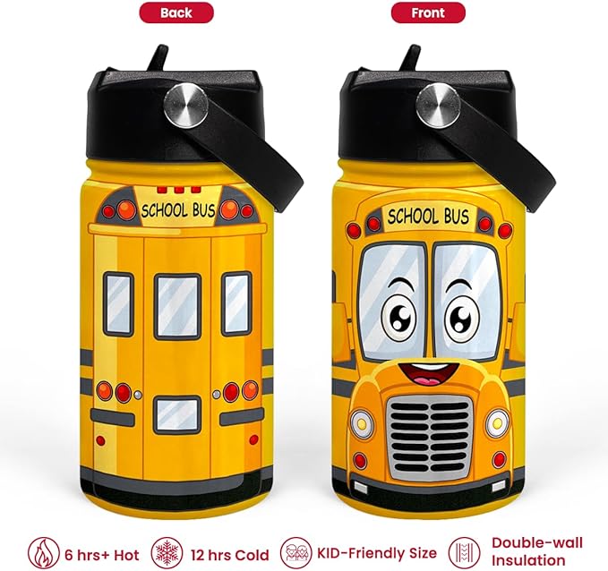 School Bus Water Bottle - Kids Water Bottle with Straw Lid - 12 Oz Insulated Stainless Steel Water Bottles for Kid Boys - Travel Cup for School Sports
