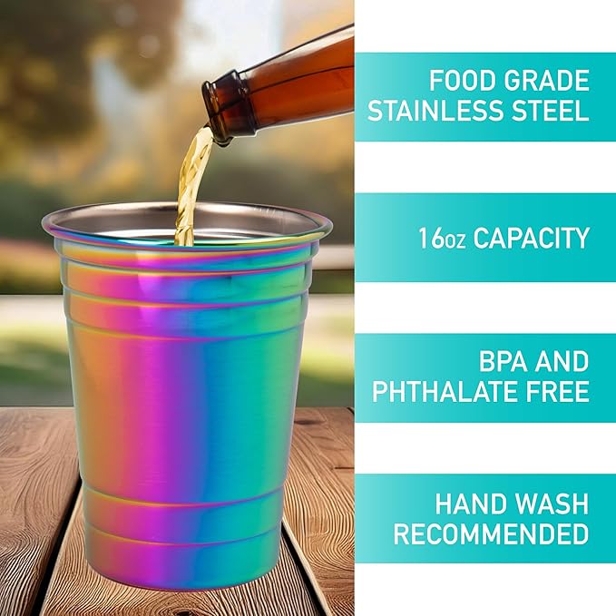 D'Eco Rainbow Stainless Steel Cups - 4 Pack Iridescent 16 oz Tumblers for Kids, Family, Adults - Unbreakable, BPA-Free & Stackable Drinkware for Indoor and Outdoor Use at Parties, Picnics, Camping