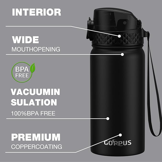 Kids Water Bottle, GOPPUS 14 Oz Stainless Steel Travel Bottle, Double Wall Vacuum Leak Proof Kids Cup for School Boys Girls, Black