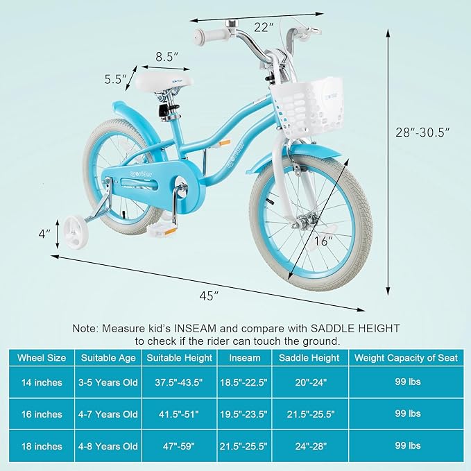 BABY JOY Kids Bike, 12 14 16 18 20 Inch Boys Girls Bike w/Adjustable Seat, Removable Basket, Handbrake & Coaster Brake, Training Wheels or Kickstand, Kids Bicycle with Multi-Color