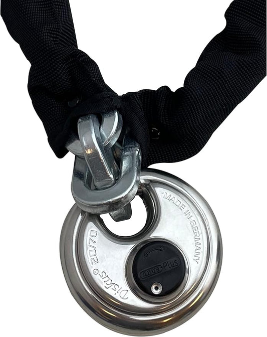 ABUS Hardened Steel 8KS 10Foot x 5/16" Thick Square Security Chain with ABUS 20/70 Diskus Stainless Steel Padlock with 3/8" Shackle for Bikes, Containers, Trailers, ATV's, Motorcycles and Personal use
