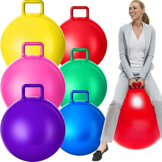 Lewtemi 6 Pcs Hopper Ball Carnival Outdoor Games 22 Inch 29 Inch Jumping Hopping Inflatable Bouncing Ball with Handle and Air Pump for Kids Sport Exercise(Red, Blue, Green, Pink, Yellow, Purple)