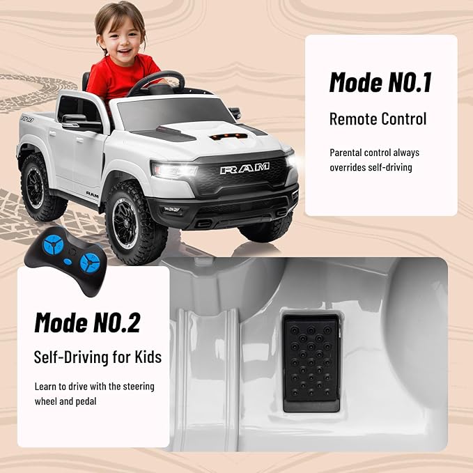 Ram 1500 Ride on Toys for Kids 4-8, Ride on Pickup Truck for Toddlers with Remote Control,12V Battery Powered Car with Trunk, Bluetooth, Music, Safety Belt (White)