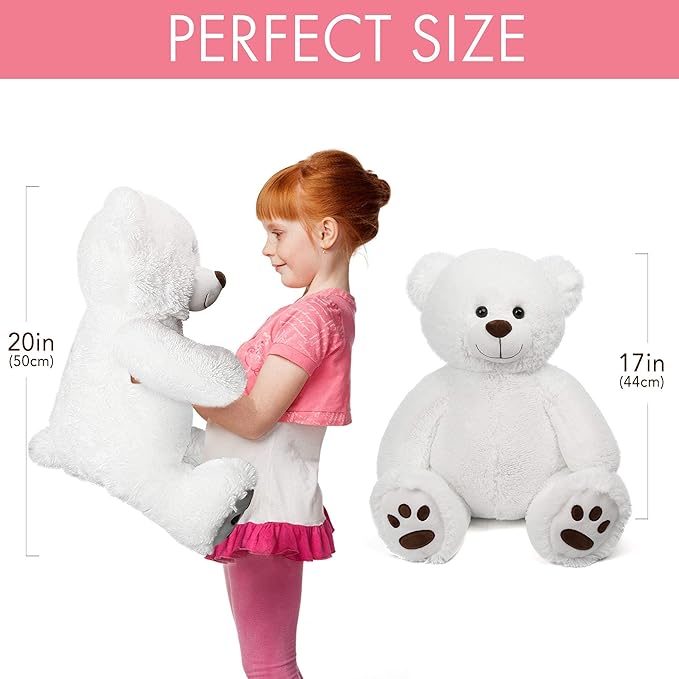 LotFancy Teddy Bear Stuffed Animal, 20 inch, White Teddy Bear Plush Toy, Cute Face with Big Footprints, Plushies Gifts for Girls, Girlfriend, Wife on Birthday, Easter Decoration
