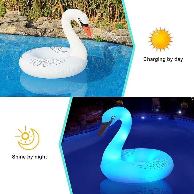 Solar Powered Inflatable Swan Pool Floats with Lights, LED RGB Color Changing Light Up Pool Floats Adult, 42'' Large Swan Pool Floaties, Lake Floats Summer Pool Raft Lounge for Adults - 2 PC