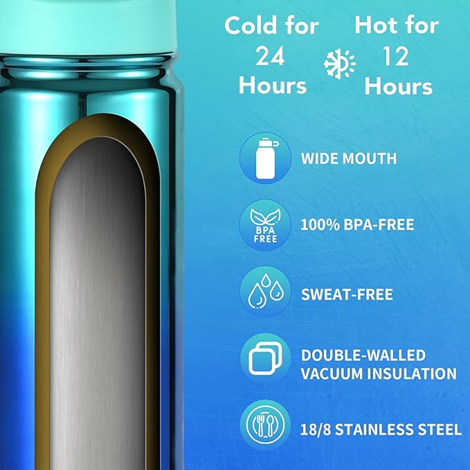 Mininoo Boys Water Bottle for School, 16oz Stainless Steel Insulated Metal Water Bottle with Straw Lid for Boys