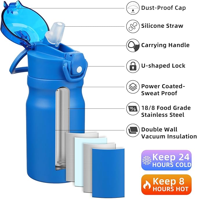 BJPKPK Insulated Water Bottle 14oz Stainless Steel Water Bottles With Straw And Carry Handle Double Wall Metal Thermo,Blue