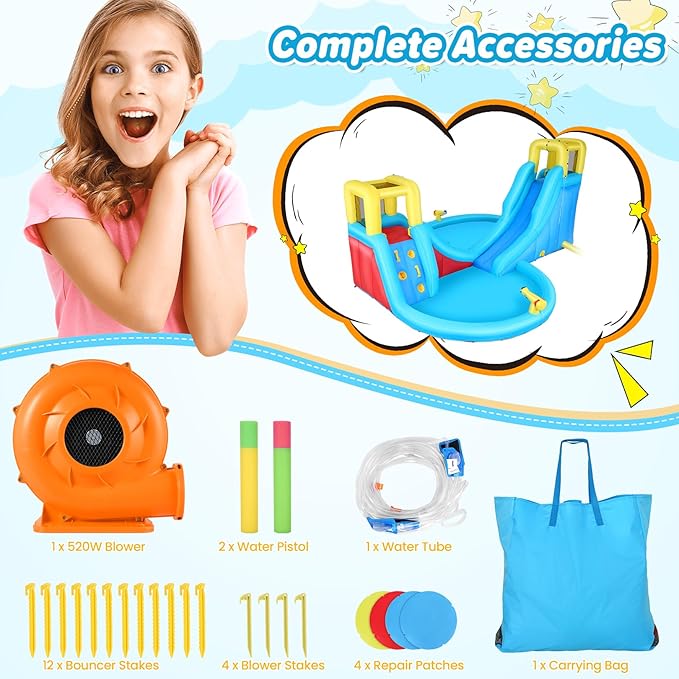 WHUBEFY Inflatable Water Slides for Kids - Blow Up Water Park with Climbing Wall, Water Gun, 2 Pool Slides