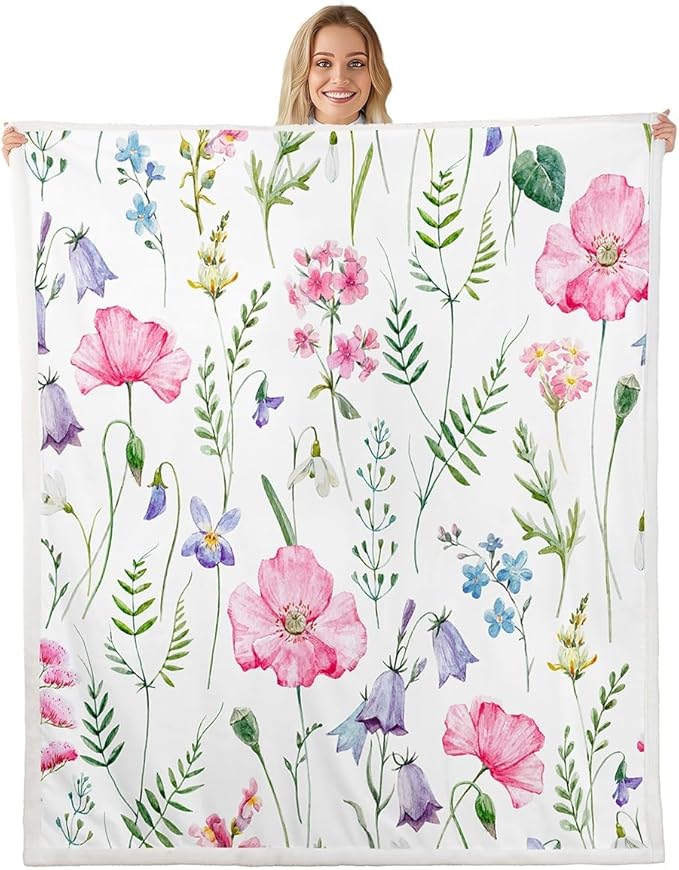 Pink Poppy Sherpa Blanket Poppy Floral Fleece Throw Blanket for Sofa Couch Bed Botanical Floral Printed Plush Blanket Ultra Soft Decor Colorful Wild Flowers Fuzzy Blanket Queen 90x90 Inch