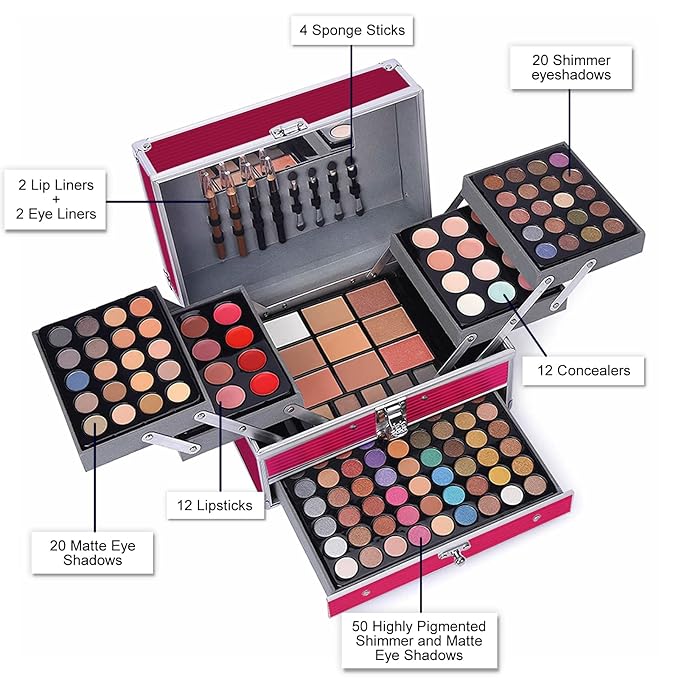 All In One 132 Color Makeup Kit, Professional Case, Teen Girls Set, Multicolor Eyeshadow Palette (006N1-Pink)