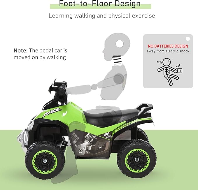 Aosom NO Power Kids Ride On Push Car, Ride Racer, Foot-to-Floor Sliding Car, Walking ATV Toy with Music, Lights, for 1.5-3 Years Old, Green