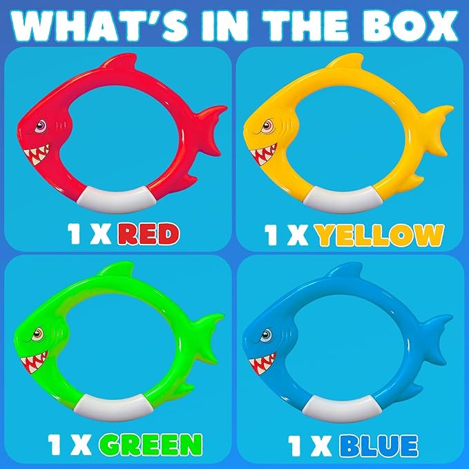 4-Pack Shark Dive Rings – Sinking Swimming Pool Toys for Kids, Toddlers, Boys & Girls | Colorful Underwater Fish Rings for Diving Pool Games, Swim Training, Beach & Bath Play
