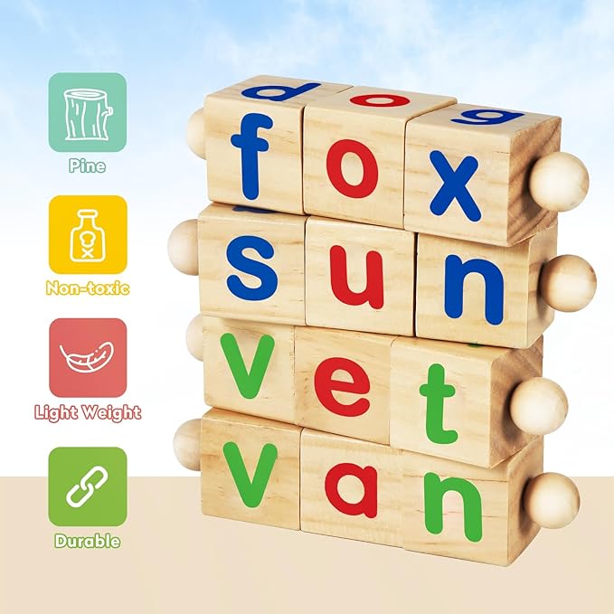 Montessori Learning and Educational Toys Gifts for Kids 3 4 5 Years, Wooden Reading Blocks Toys, Learning Activities for Preschool Kindergarten, Turning Rotating Matching Flash Card Games