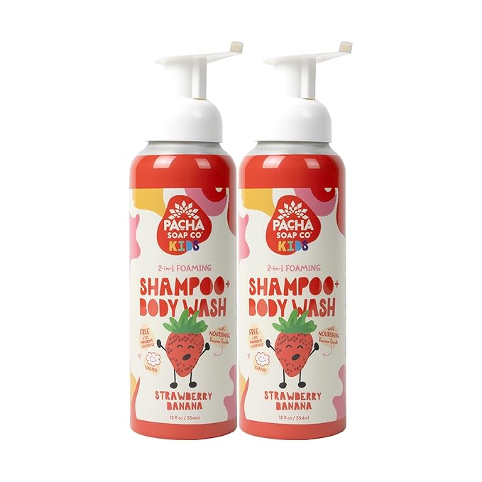 Pacha Soap Co. Kids Foaming Shampoo & Body Wash, Strawberry Banana - Tear-Free, Plant-Based, Vegan, Nourishing, Moisturizing, Vitamin-Rich, Non-Toxic 2-in-1 Cleanser, Recyclable, Made in USA, 2-Pack