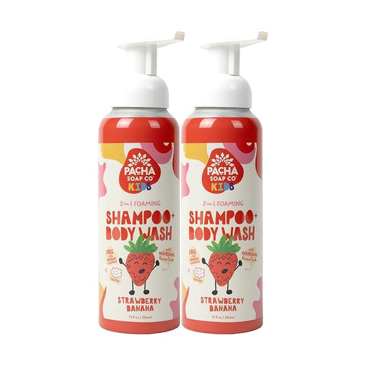 Pacha Soap Co. Kids Foaming Shampoo & Body Wash, Strawberry Banana - Tear-Free, Plant-Based, Vegan, Nourishing, Moisturizing, Vitamin-Rich, Non-Toxic 2-in-1 Cleanser, Recyclable, Made in USA, 2-Pack