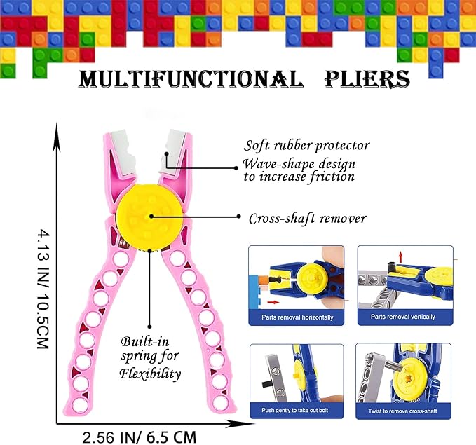 Building Blocks Tool Kit - Brick Separator, Mini Blocks Tool Set - Multi-Functional Hammer, Pliers, Tweezers, Finger Protectors with Tin Box (Pink)