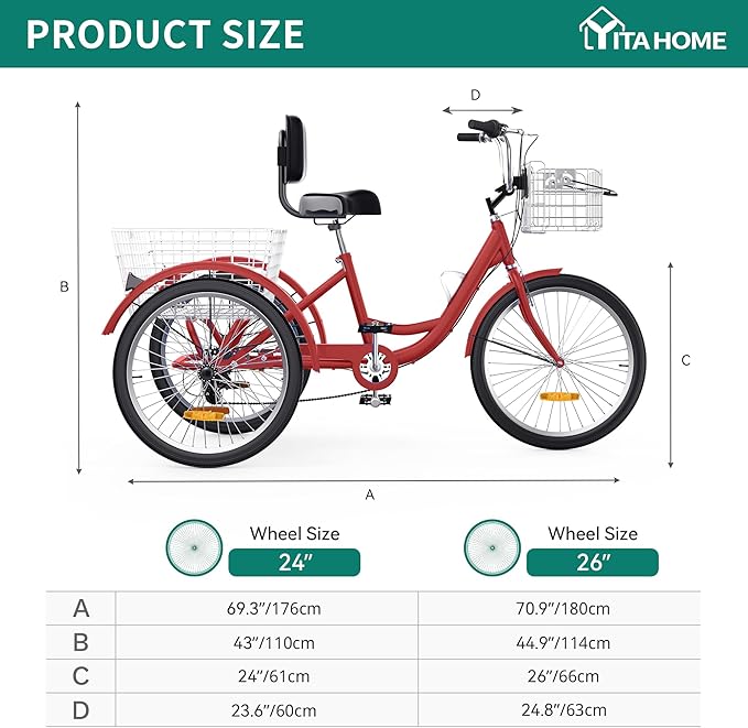 YITAHOME 24 & 26 Inch Adult Tricycle, 1 & 7 Speed 3 Wheel Bikes, Large Seat with Backrest Trike for Adults with Front & Rear Baskets, Cruiser Bike for Seniors Women Men Commute Picnic Outdoor