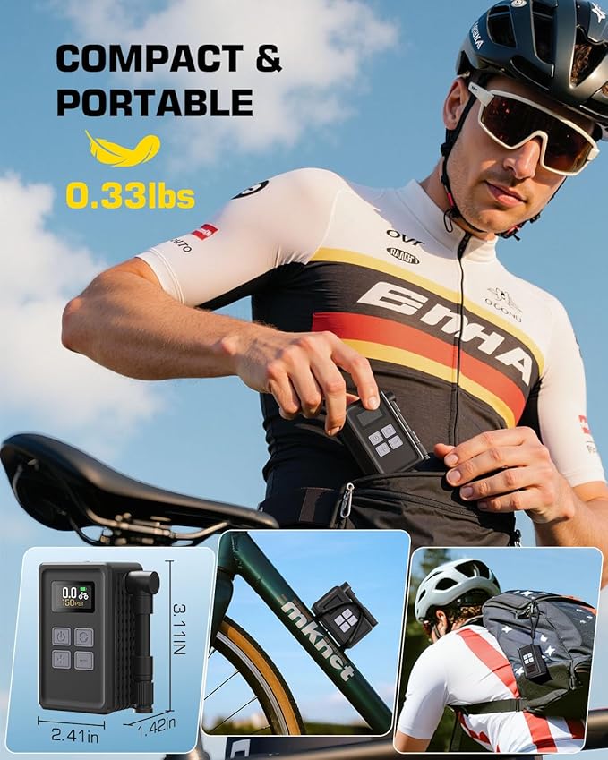 Mini Electric Bike Pump, 29s Fast Inflation, 150PSI Portable Bike Air Pump with Pressure Gauge, Presta and Schrader Valves, Suitable for Road Bikes, Mountain Bikes, Motorcycles, and Balls