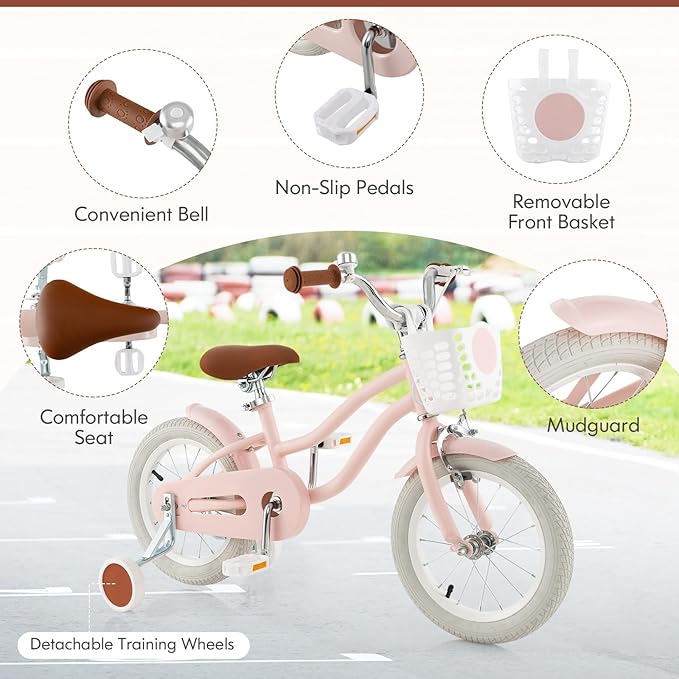 COSTWAY Kids Bike, 12 14 16 18 Inch Toddler Bike Children Bicycle w/Training Wheels, Hand & Coaster Brakes, Adjustable Saddle & Handlebar, Basket, Bell, Kids Bicycle for Girls Boys Aged 3-8 Years Old