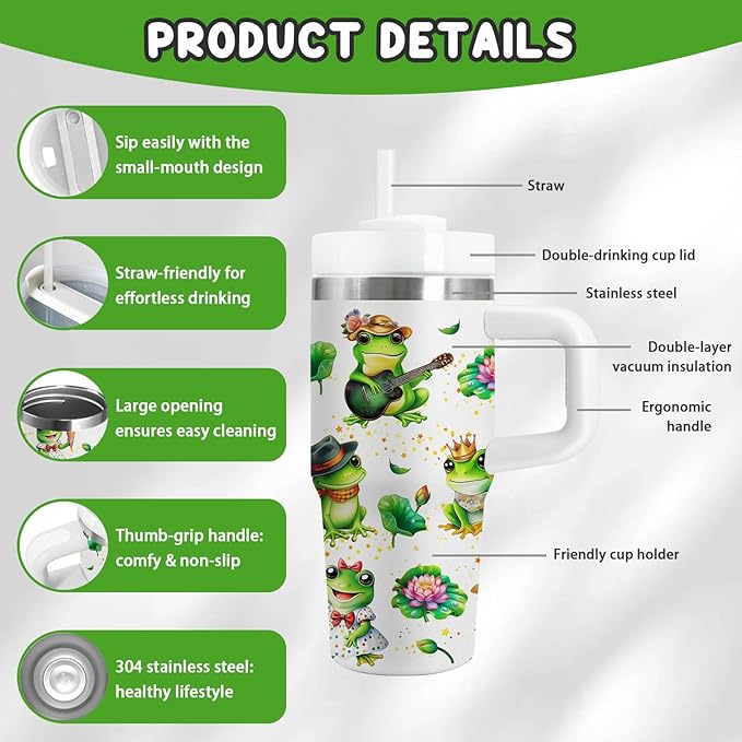 Frog Tumbler Gifts, 14 oz Frog Themed Tumbler with Handle and Straw, Stainless Steel Double Wall Vacuum Insulated Cup Keep Hot Cold - 14oz Travel Mug with Lid Tumblers for Home Work Outdoor Use