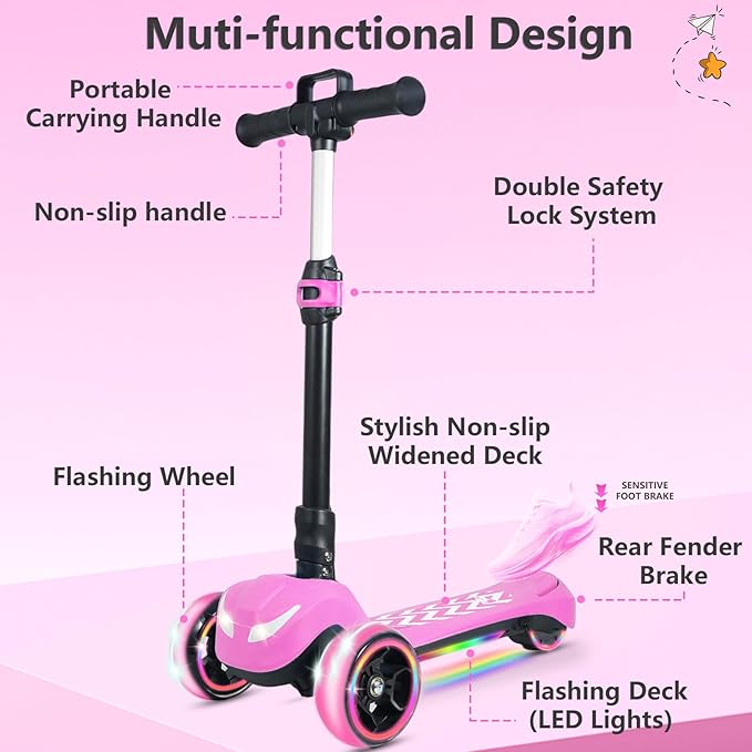 Balance Electric Scooter for Kids Ages 3-12, Full Body Lights Up, Stickers, Wide Deck, 3 Adjustable Heights, 5MPH Safe Speed, 90min Riding, Foldable 3 Wheel Electric Scooter for Kids Boys Girls, Pink