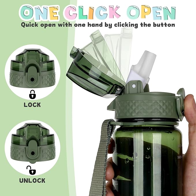 OLDLEY 17oz Kids Water Bottle for school Girls Boys, Motivational Water Bottles With Silicone Straw, Leak-Proof Tritan BPA-Free, Reusable water bottles for kids, Jade