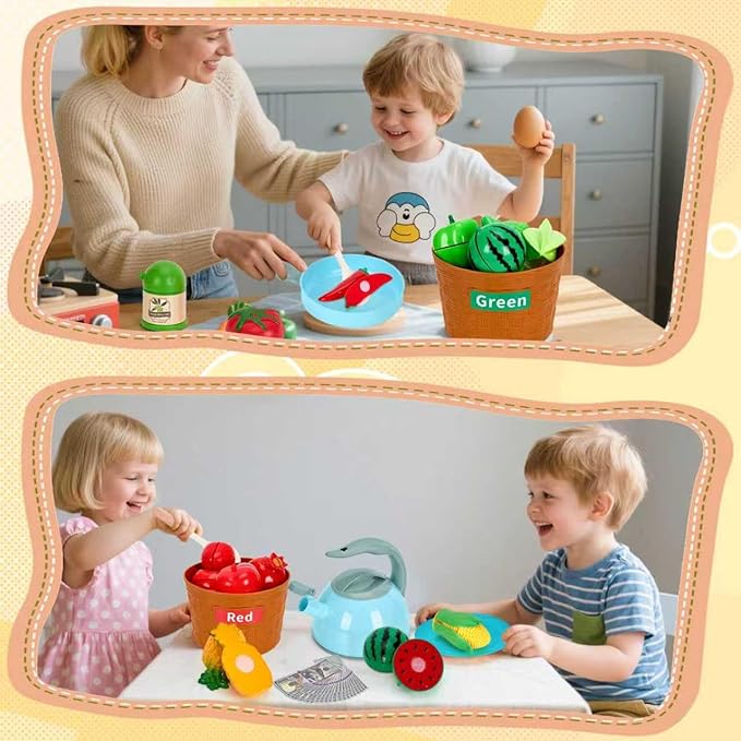 90Pcs Kitchen Playset Accessories, Pretend Cooking with Pots, Pans, Cookware, Food, Fruit, Veges, Color Sorting Baskets, Prop Money, Learning Gift for Girls Boys Toddlers (Turquoise)