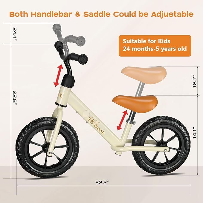 Toddler Balance Bike 12” No Pedal Training Bicycle for Kids 24 Months to 5 Years Tool-Free Adjustments Seat and Handlebar Best Gift for 2 3 4 5 Boys Girls