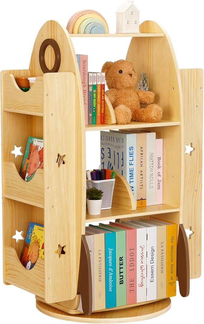 OOOK Rocket Rotating Bookshelf for Kids, 360 Display Spinning Bookshelf Tower with Large Capacity Design, Montessori Toy Shelf for Kids Rooms, Classroom, Play Room