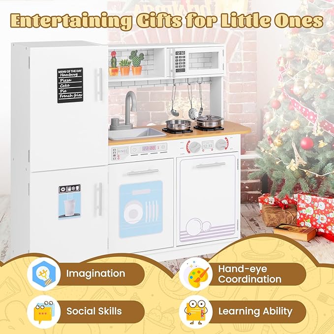 HONEY JOY Kids Kitchen Playset, Wooden Little Chef Pretend Play Kitchen Set w/Blackboard, Large Storage Cabinet, Stove, Faucet, Sink, Play Kitchen for Toddlers, Gift for Boys Girls, White