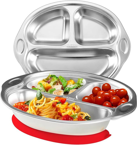 Mrs. Chou® Stainless Steel Baby Suction Plates: Divided Plates for Babies & Toddlers, BPA-Free, Dishwasher Safe, Red