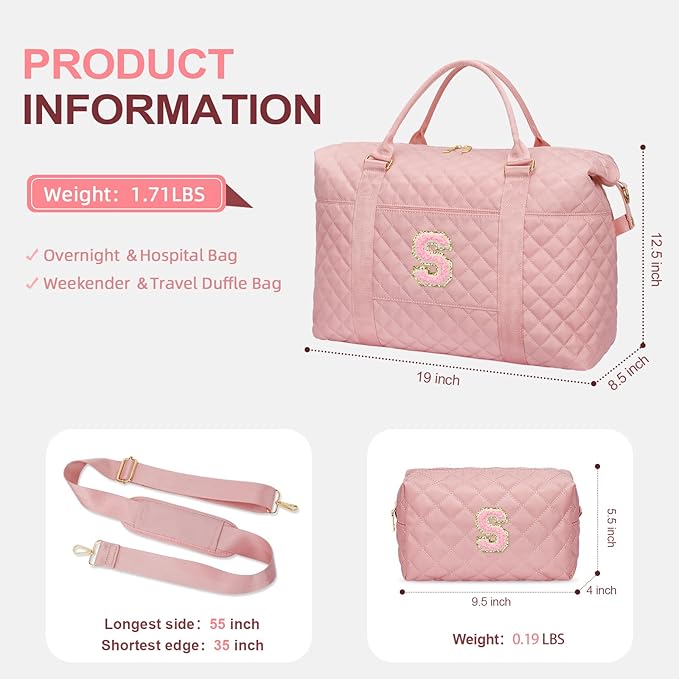 Gifts for Teen Girl, Initial Travel Duffle Bag, Personalized Women Weekender Overnight Bags, Gift for Daughter Kid Girl Wife Friend（Pink,S)