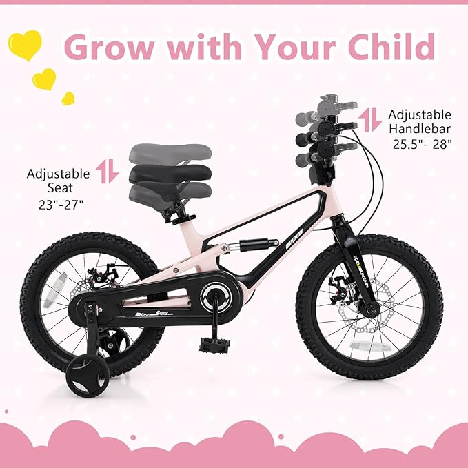 BABY JOY Kids Bike, 16" Magnesium Sporty Bicycle with Dual Disc Brakes, Removable Training Wheels, Body Suspension, Adjustable Handlebar & Saddle, Girls Boys Bike
