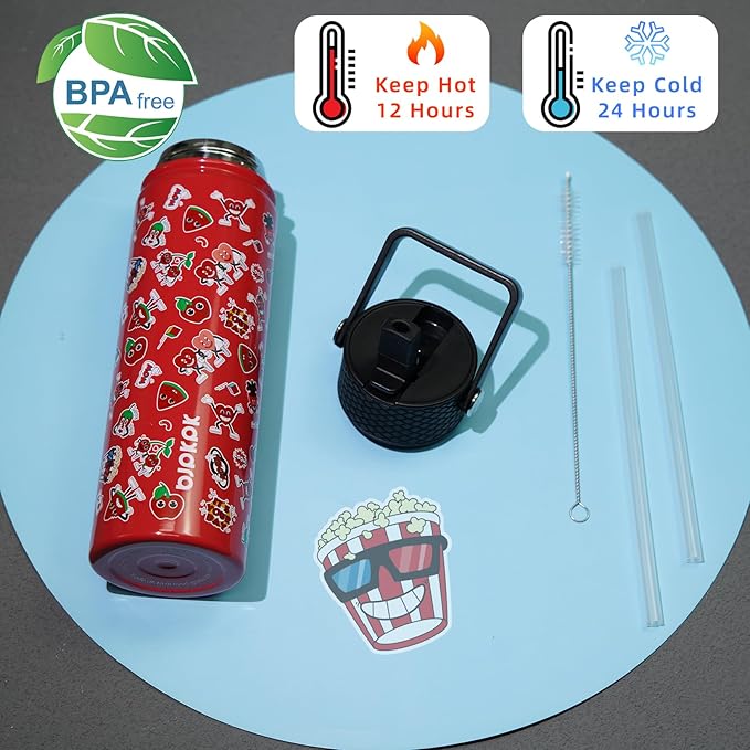 BJPKPK Insulated Water Bottle with Straw Lid, 22 oz Stainless Steel Metal Water Bottles, Reusable Leak Proof BPA Free Water Bottles, Cups, Thermo, Passionate-Red