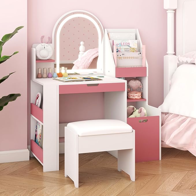ARTETHYS Kids Vanity with Mirror and Lights Small Princess Pink & White Dressing Table with Open Bookshelf 3 in 1 Toddler Makeup Vanity Desk Set with Storage Chair and Toy Organizer for Little Girls