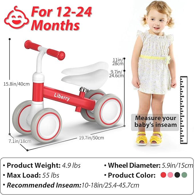 Liberry Baby Balance Bike with Adjustable Seat, Toddler First Ride-On Toy for 1-2 Year Old, Boys Girls Christmas & Birthday Gift