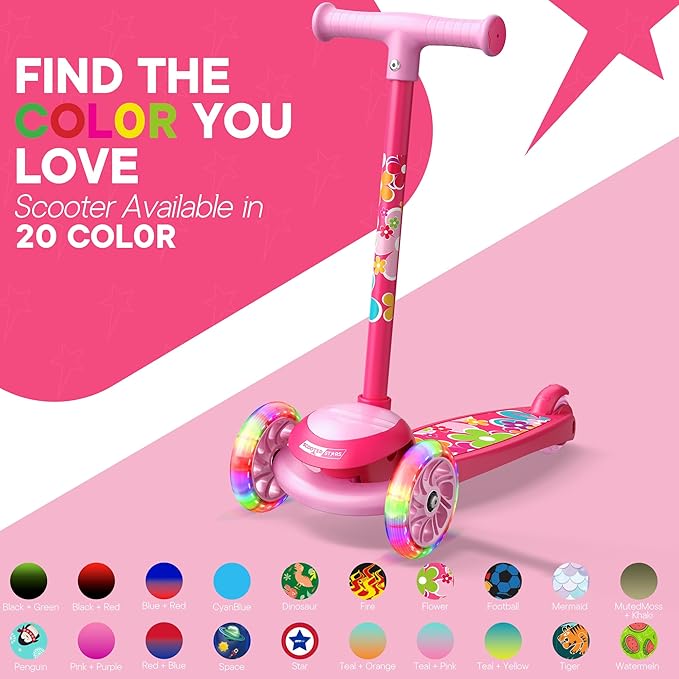 3 Wheel Scooter for Kids, Smooth Light Up LED Front Wheels, Wide Anti Slip Deck, Rear Foot Brake, Easy Lean to Steer Maneuvering, Indoor & Outdoor Ride On Toys for Ages 2 Up