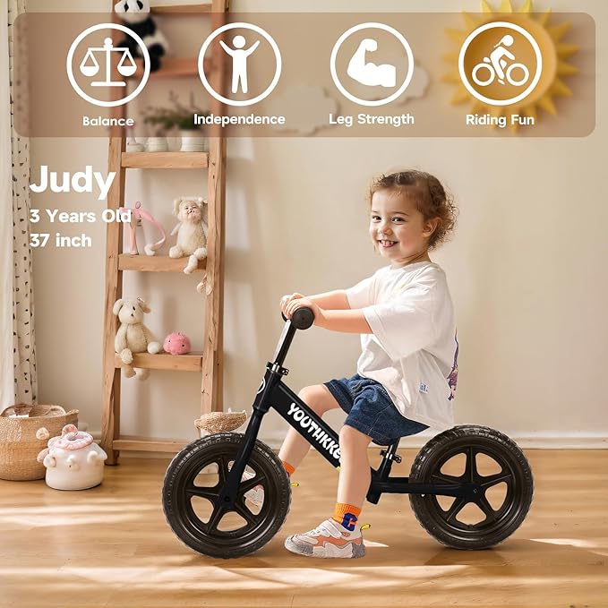 12 Inch Toddler Balance Bike for 1-3 Year Olds, No-Pedal Bike with Tool-Free Adjustable Seat, Quick Assembly, Gift for 1-3 Year Old Boys & Girls with Customizable Plate