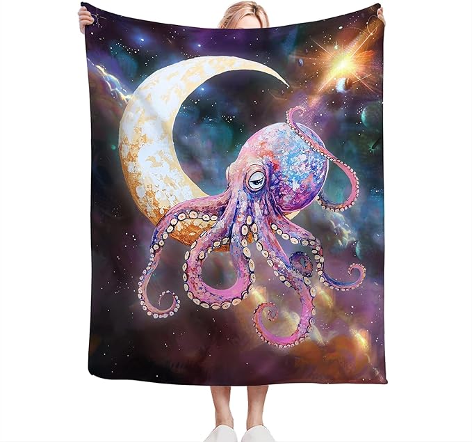 Octopus Blanket Fleece Soft Warm Plush Octopus Moon Galaxy Throw Blanket Lightweight Plush Fuzzy Cozy Funny Animal Blankets for Lover Kids Adult Suitable for Couch Sofa Bed 60"X50"