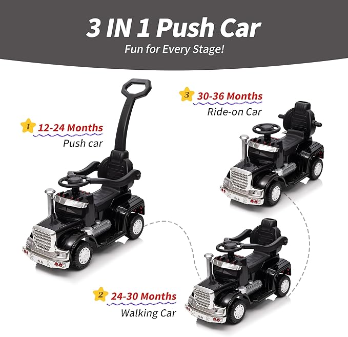 3-in-1 Ride on Push Car for Toddler with Handle, Toddler Ride on Toy for Boys Aged 1-3, Stroller Sliding Walking Car w/Music, Horn and Lights - Black