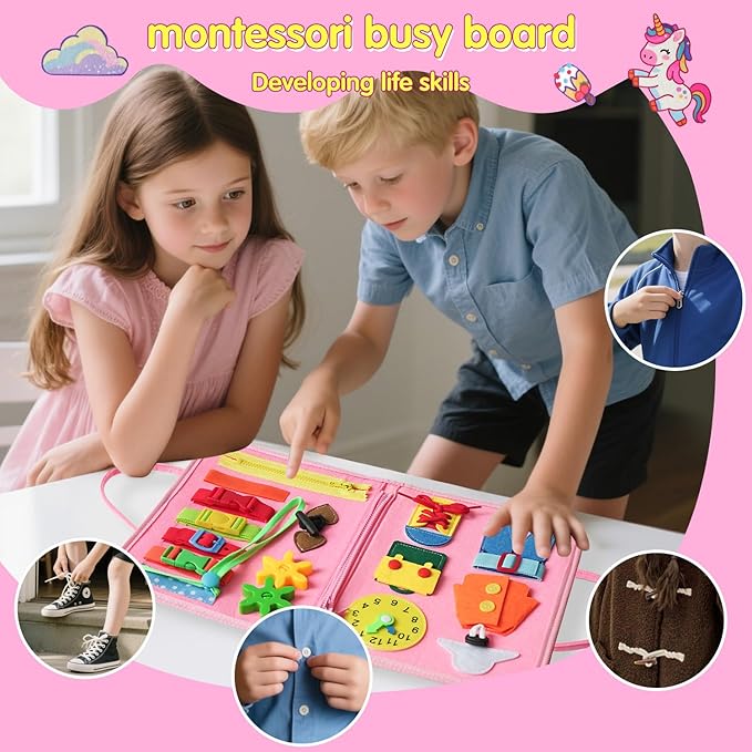 Montessori Toddler Busy Board Toys, Girls Unicorn Learning Sensory Toy, Toddler Travel Toy, Children's Educational Activity Busy Book, Birthday Gift (Pink)