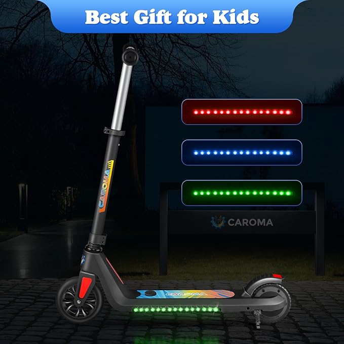 Caroma Electric Scooter for Kids Ages 6-14, 180W/150W Motor & 10 Mph, 85 Mins Ride Time, Adjustable Height & Speed, LED Display & Colorful Lights, Kids Electric Scooter, Best Gifts for Girls and Boy