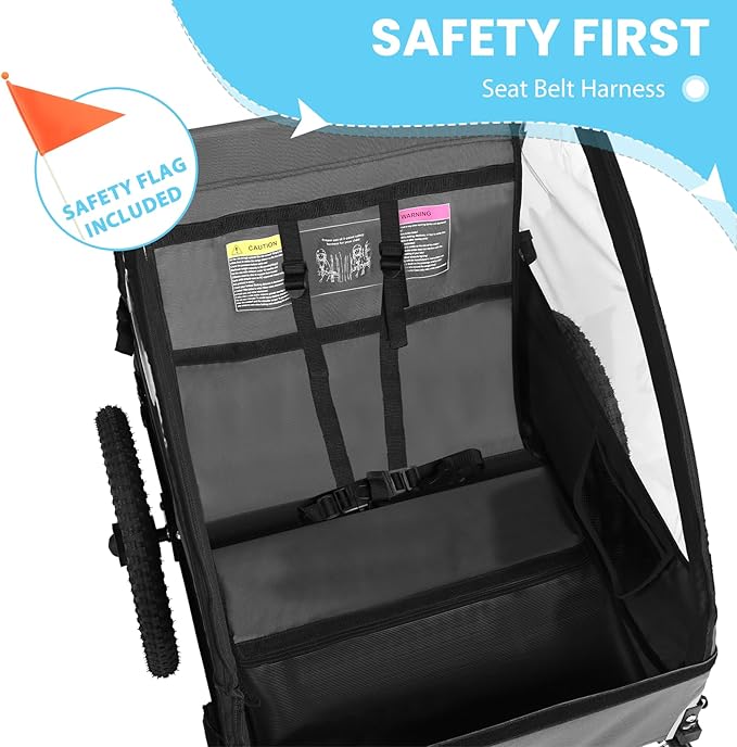 Sepnine Kids Bike Trailer, Suitable for 1 to 2 Kids, 12+ Months, Quick Attach to Bike, Foldable, with 5-Point Harness and Storage Bags