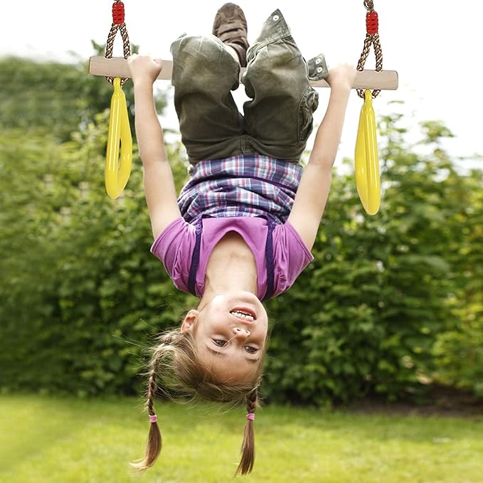 PELLOR Playground Children's Wooden Trapeze Swing Bar with Plastic Gym Rings Swing Set for Indoor & Outdoor Fun