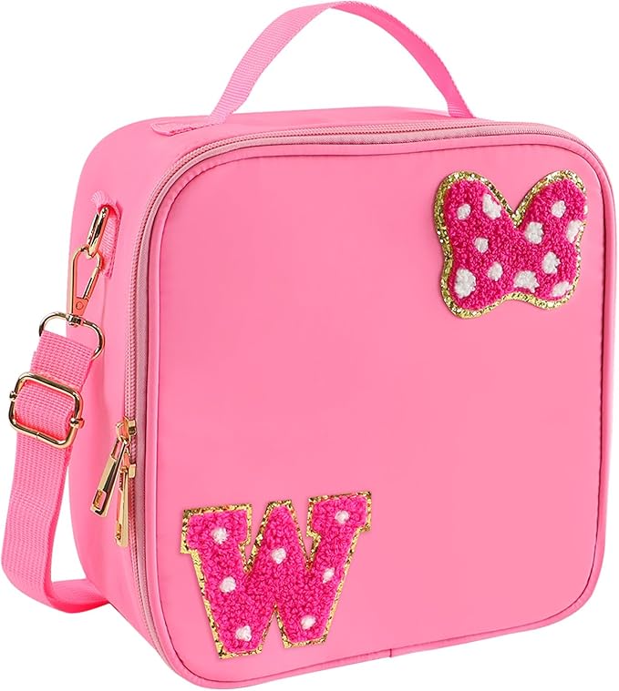 Preppy Initial Bow Mouse Lunch Bag, Kids Insulated Lunch Box Gifts for Teen Girls Daughter, Reusable Soft Lunch Containers Crossbody Cooler Bag Must Haves for Park Travel School Work Picnic Pink W
