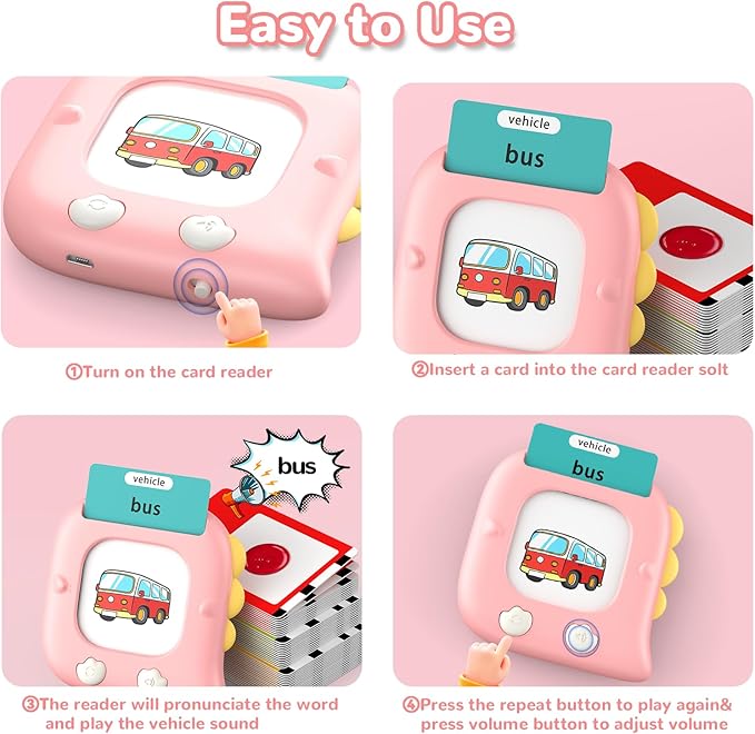 Kidzdo Dinosaur Talking Flash Cards with 254 Words, Educational Learning Toys, Birthday Present for 2 3 4 5 6 Years Old Girls, Pocket Speech Language Therapy Toys for Toddlers, Pink